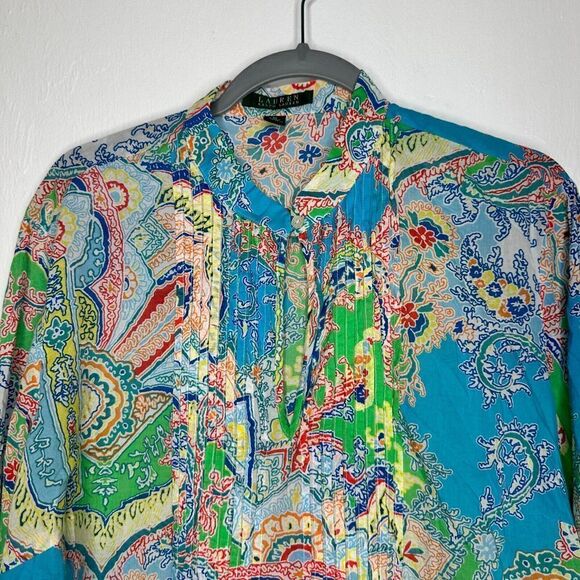 Lauren Ralph Lauren Tunic Top Size 1X Aqua Multicolor Paisley Blouse Lightweight - Picture 2 of 6
